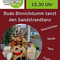 Das Bild nennt Titel und Uhrzeit der Veranstaltung und zeigt eine Kollegin der Stadtbibliothek mit Gitarre, einem Bodo Binnichdumm-Stofftier und Büchern.