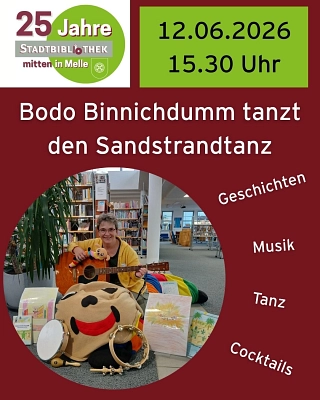 Das Bild nennt Titel und Uhrzeit der Veranstaltung und zeigt eine Kollegin der Stadtbibliothek mit Gitarre, einem Bodo Binnichdumm-Stofftier und Büchern.