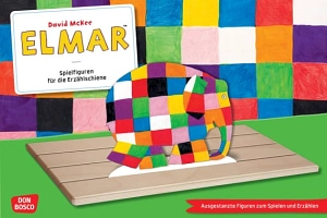 Das Bild zeigt das Cover des Erzählschiene-Sets von "Elmar" mit dem bunten Elefanten auf dem Cover.