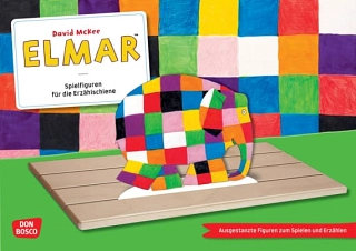 Das Bild zeigt das Cover des Erzählschiene-Sets von "Elmar" mit dem bunten Elefanten auf dem Cover.