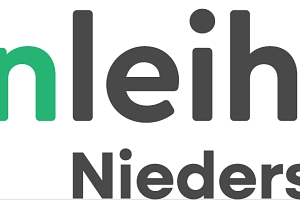 Das Bild zeigt das neue Logo für die Onleihe Niedersachsen: ein grau-grüner Schriftzug mit einem stark stilisierten Buch-Symbol.